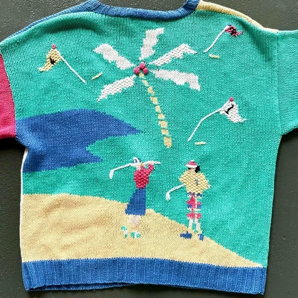 ROBERT SCOTT LTD Hand Knit Ramie Blend Colorblock V-Neck Tropical Golf Cardigan - Picture 2 of 14